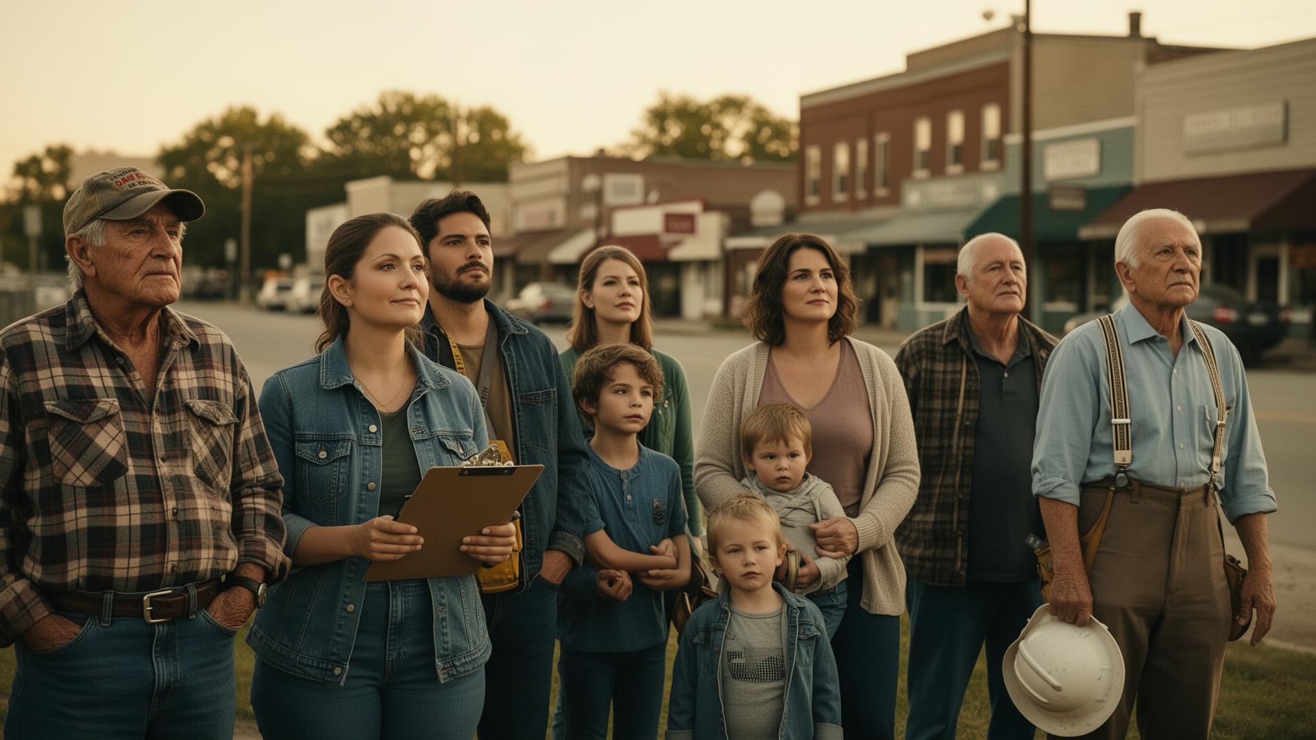 Diverse everyday Americans standing together with quiet determination